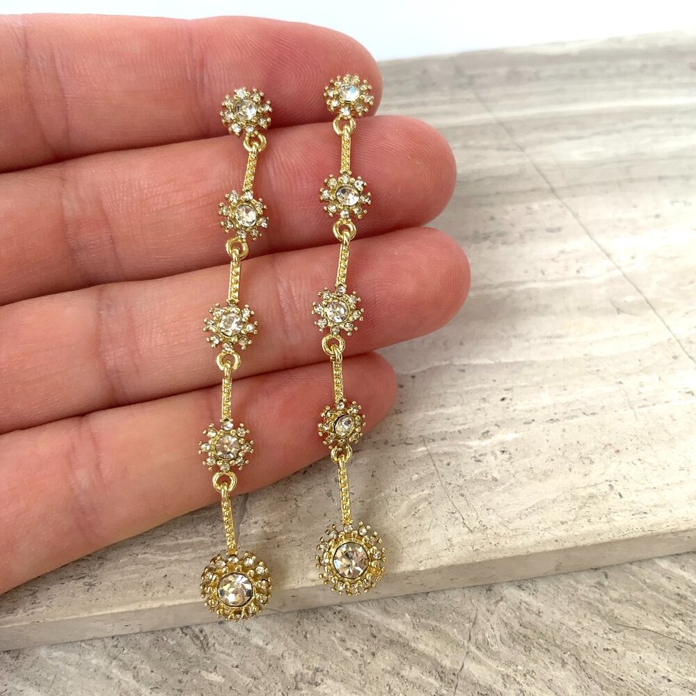 NEW~ Anthropologie Graduated Long Crystal Drop Gold Earrings - Picture 3 of 11